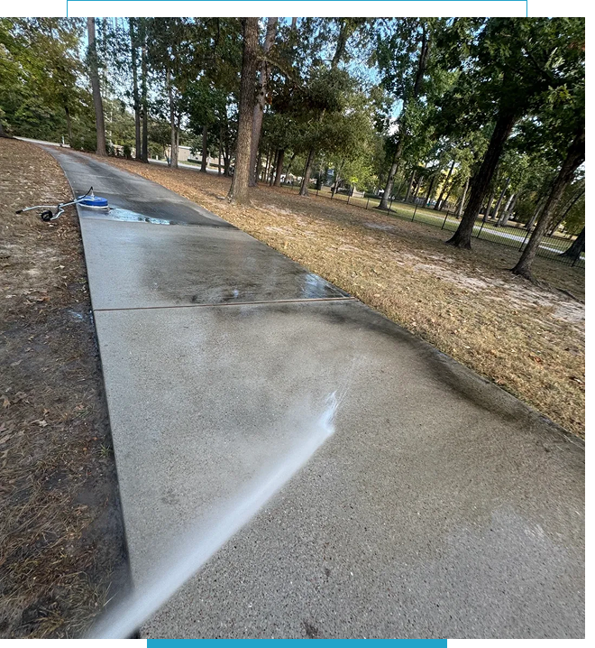 A concrete pathway in a park with scattered debris and trees.