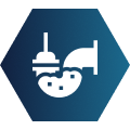 Icon of a white factory with smoke on a blue hexagonal background.